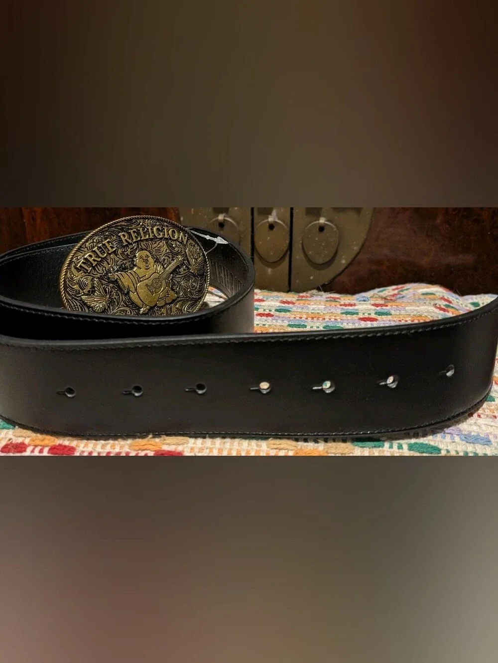 NWOT True Religion Buddha Guitar Brass Oval Buckle Black Belt 33
